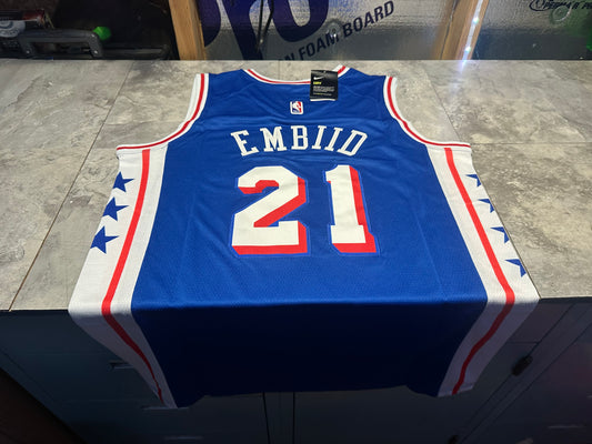 NWT Philadelphia 76ers Joel Embiid Swingman Jersey Statement Edition Blue Large