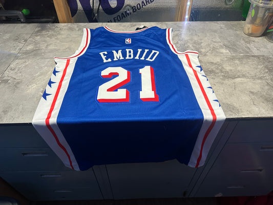 NWT Philadelphia 76ers Joel Embiid Swingman Jersey Statement Edition Blue Small