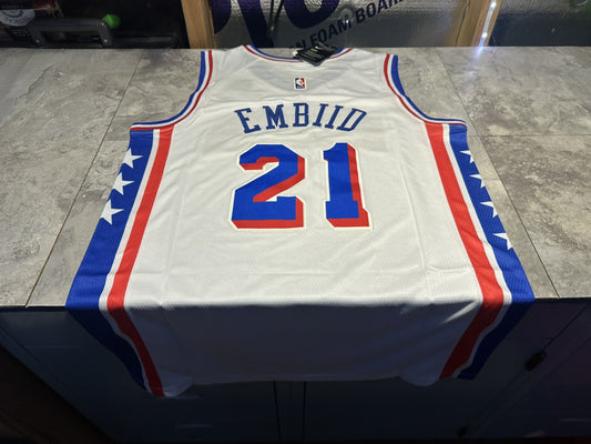 NWT Philadelphia 76ers Large White Joel Embiid Swingman Jersey Statement Edition